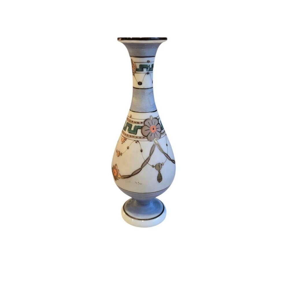 Vintage Roman Antique Harrach White Satin Glass Vase W/ Gold